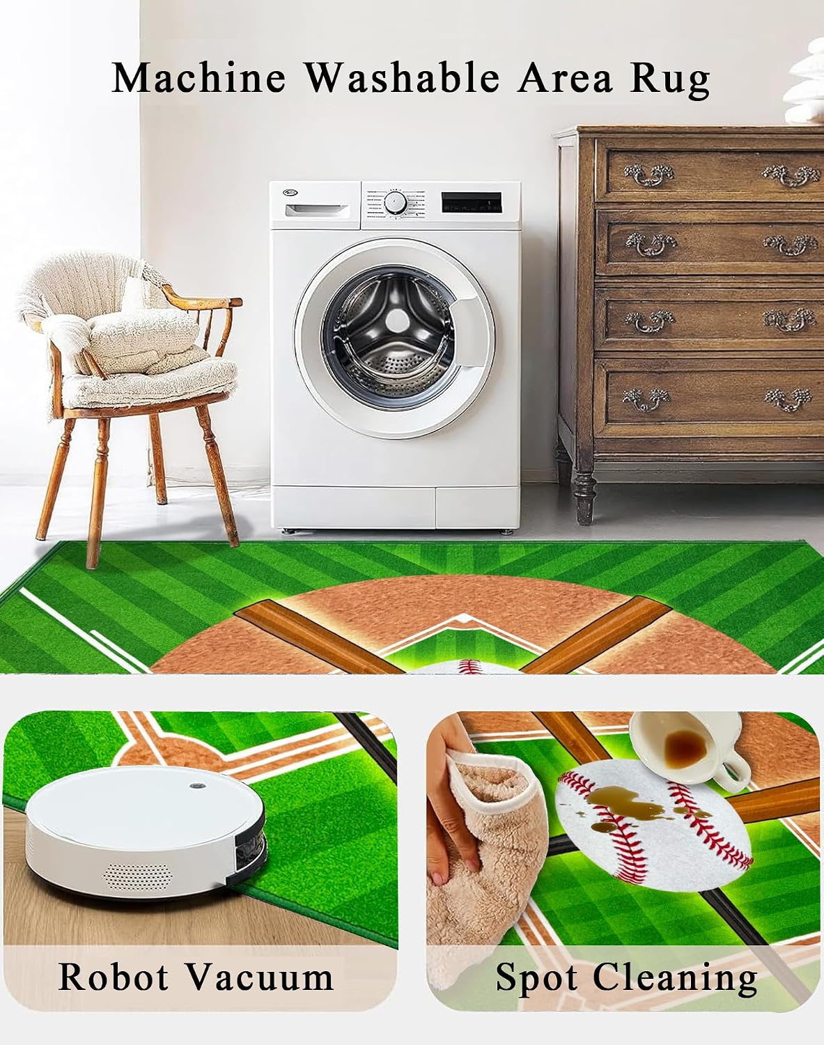 Washable Low Pile Baseball Rug 8x10- Sports Decor for Boys Room, Non-Slip Kids Bedroom Carpet, Durable Baseball Themed Floor Mat