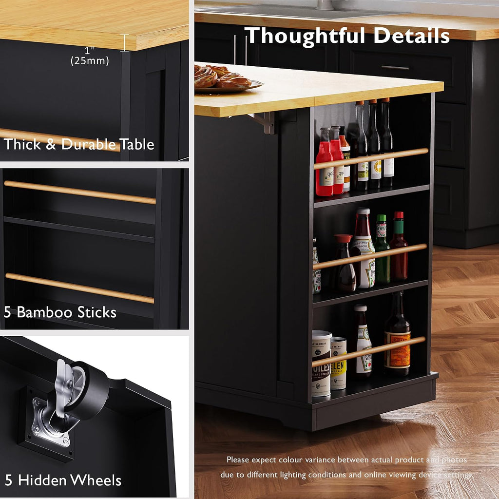 48 inch Rolling Kitchen Island Storage Cart on 5 Wheels with Drop Leaf, 2 Bar Stools, Power Outlet, Door Internal Storage Rack, 5 Open Side Racks, 2 Drawers for Dining Room, Home Bar Black