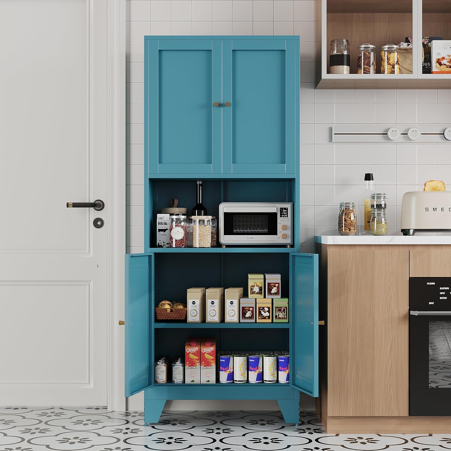 68.9'' Metal Pantry Cabinet, Kitchen Pantry Storage Cabinets with Doors and Microwave Shelf, Tall Freestanding Storage Cabinets with Anti-tip Design, for Dining Room Living Room Bathroom(Blue)