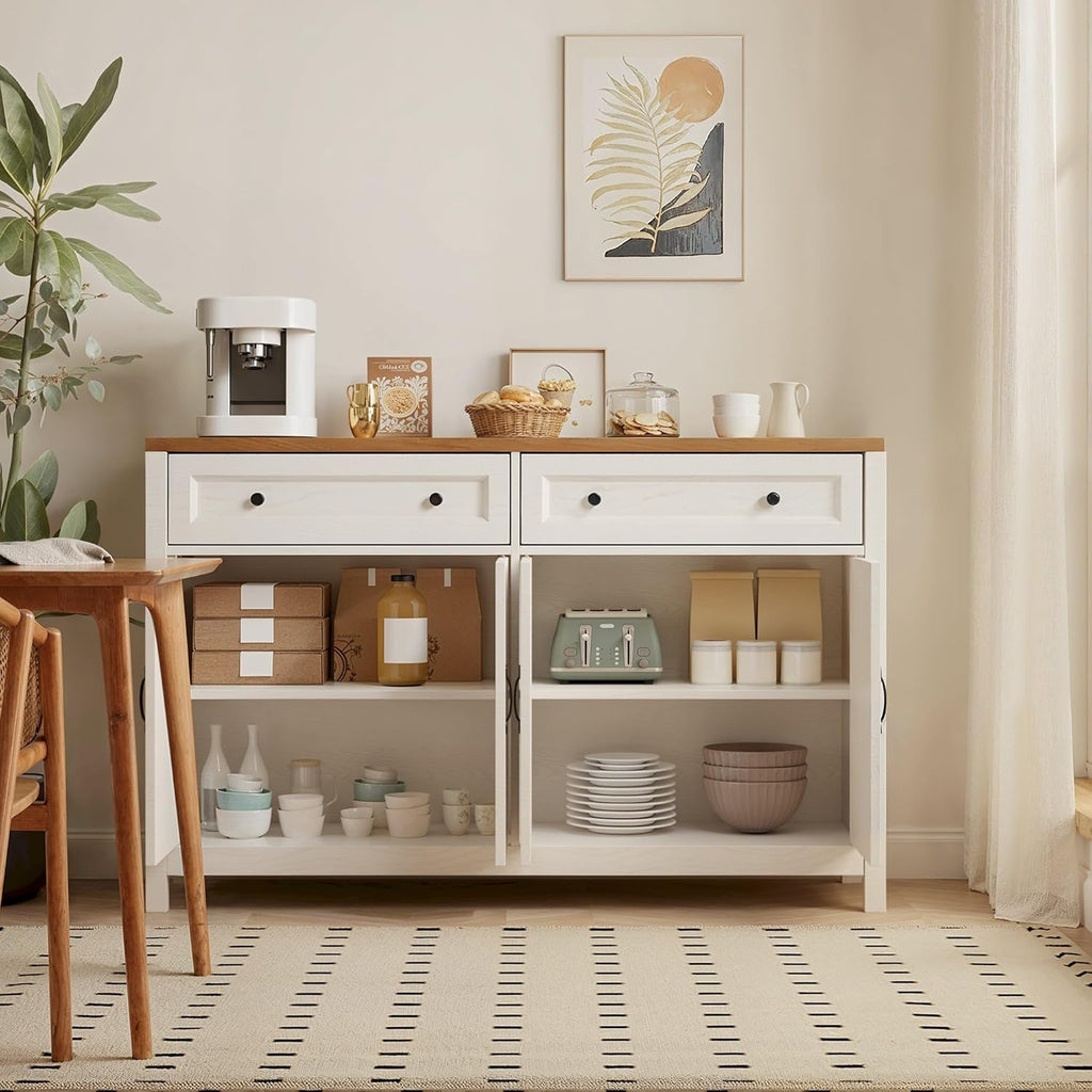 Gizoon Farmhouse Kitchen Sideboard Buffet Cabinet with Storage, Wood Coffee Bar and Storage Sideboard with Drawers and Doors for Kitchen, Dining Room, 15.7' D x 55.1' W x 35.3' H, White/Rustic Brown