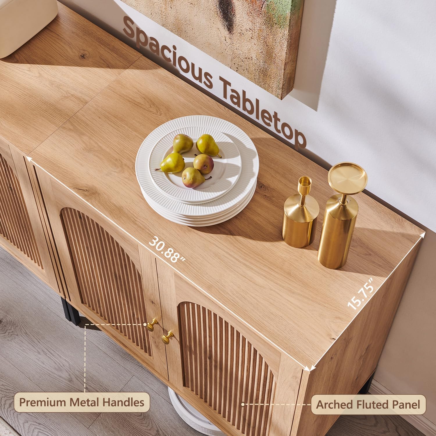 IFGET Modern Buffet Cabinet with Storage, 92.63' W Fluted Arched Sideboard Cabinet w/Adjustable Shelves, Wooden Modular Coffee Bar for Dining Room, Kitchen, Living Room, Entryway, Natural