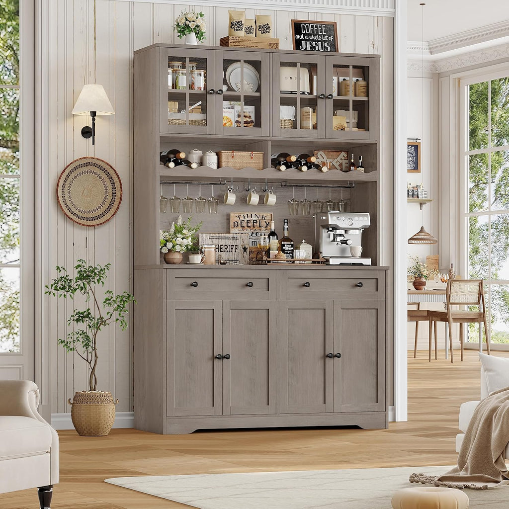HOSTACK 75.4' Tall Kitchen Pantry Cabinet with Charging Station, Modern White Kitchen Hutch with Microwave Stand and Wine Rack, Large Food Pantry Storage Cabinet with Glass Doors and Drawers, Ash Gray
