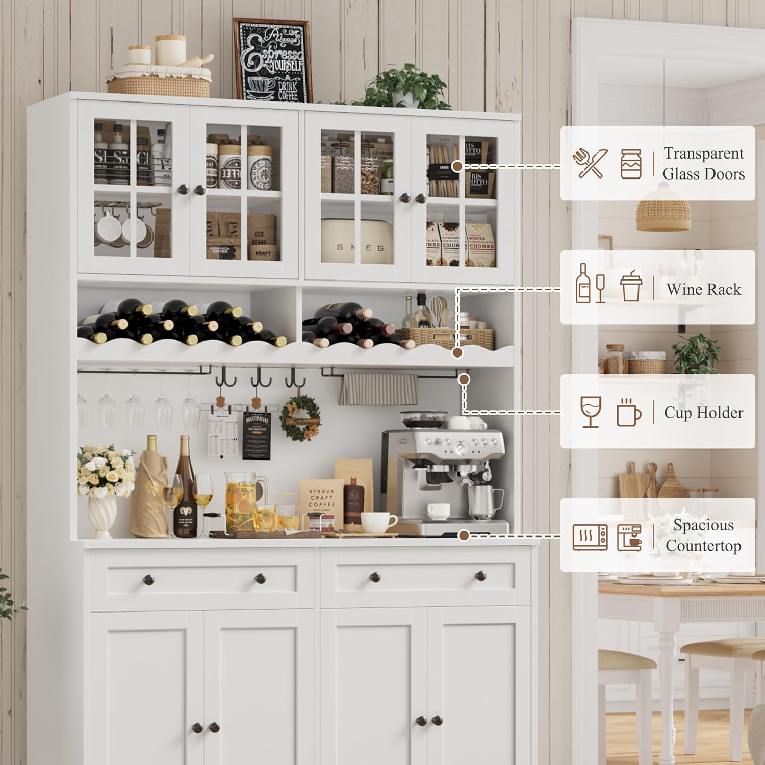 HOSTACK 75.4' Tall Kitchen Pantry Cabinet with Charging Station, Modern White Kitchen Hutch with Microwave Stand and Wine Racks, Large Food Pantry Storage Cabinet with Glass Doors and Drawers, White