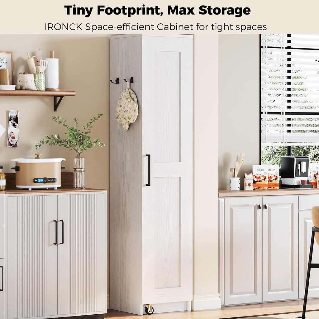 IRONCK Narrow Kitchen Pantry Storage Cabinet, 72' Slim Single Door with 6 Adjustable Shelves, Door Rack and Wheels, Space Saving Freestanding Storage Floor Cabinet for Small Place, White