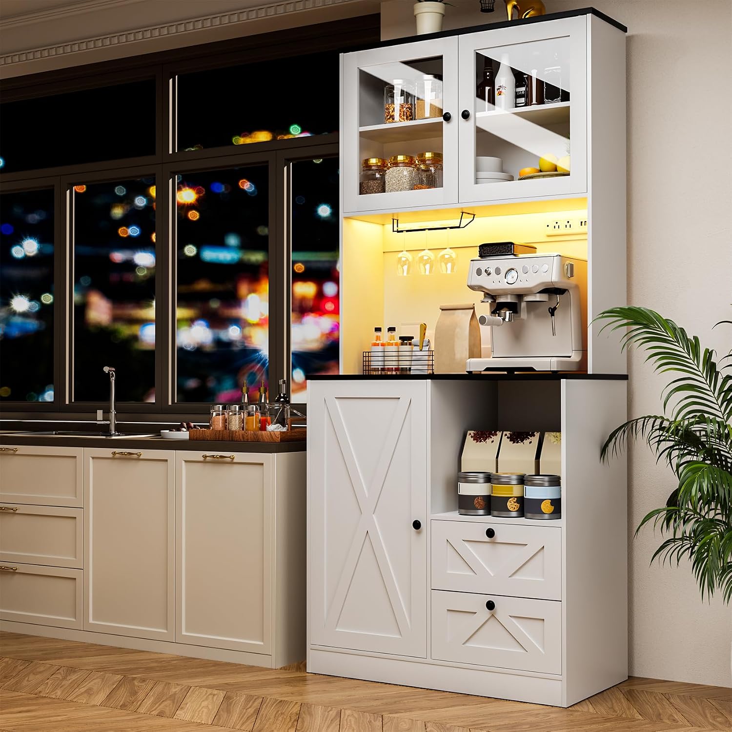71''Kitchen Pantry Storage Cabinet with LED Lights and Power Outlet, Tall Farmhouse Kitchen Hutch with Microwave Stand,Globet Hooks and Adjustable Shelf for Dining Living Room,White