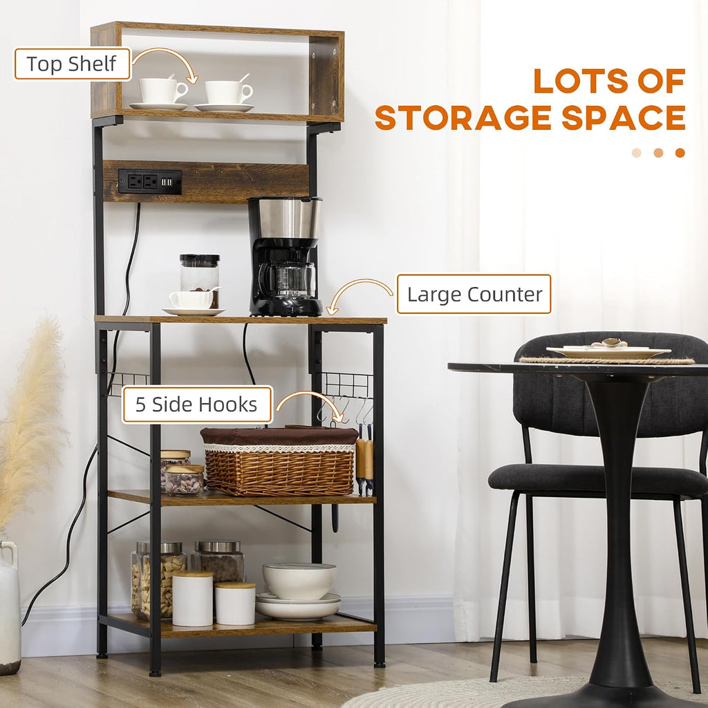 Kitchen Bakers Rack with Power Outlet, USB Charger, Microwave Stand, Coffee Bar with Adjustable Shelves, 5 Hooks for Spices, Pots and Pans, Rustic Brown