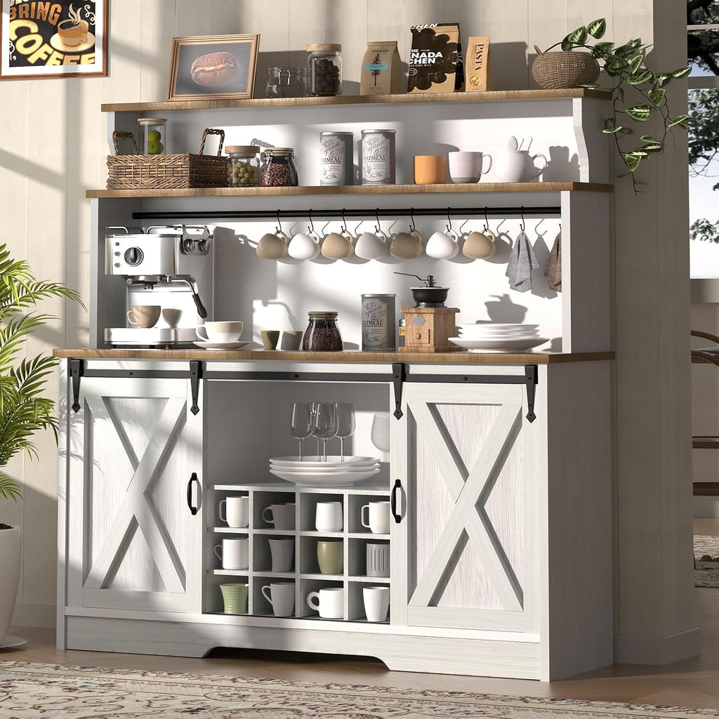 BestHaped 55'' Farmhouse Coffee Bar Cabinet with 3 Tier Storage Hutch, Coffee Bar Station with Sliding Barn Door, Hutch Storage Cabinet with 12 Wine Racks & 9 Hooks for Kitchen Dining Living Room