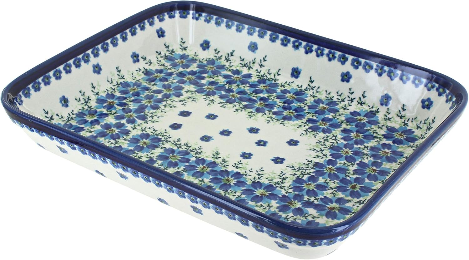 Blue Rose Polish Pottery - Blue Kalina Medium Rectangular Baker - 12' x 9.75' - Unique, Dishwasher Safe, & Durable Bakeware