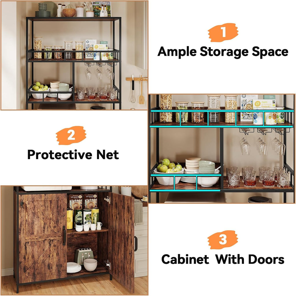 70.8' Coffee Bar Cabinet with Storage, Large Bakers Rack with Power Outlet & Goblet Holder, 5-Tier Kitchen Microwave Stand for Small Spaces, Corner Wine Rack (Rustic Brown)
