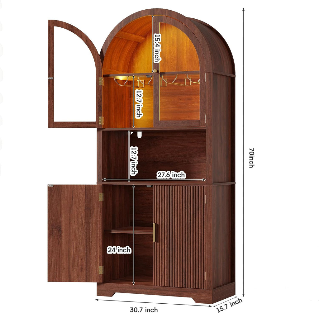 Maupvit 70' Tall Arched Wine Bar Cabinet with LED Light, Fluted Coffee Bar Cabinets with Stemware Rack, Kitchen Pantry Cupboard with Glass Doors, Liquor Cabinet for Home, Dining Room (Walnut)