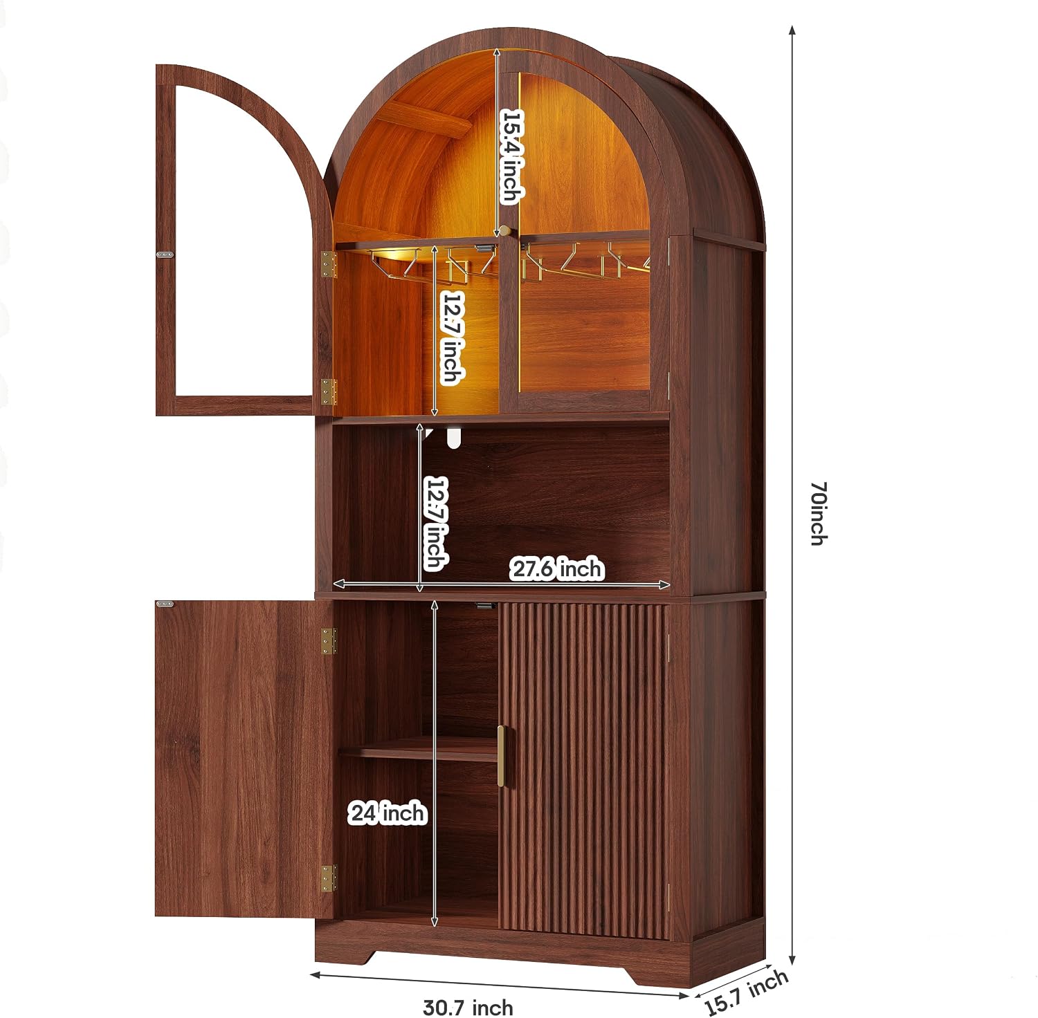 Maupvit 70' Tall Arched Wine Bar Cabinet with LED Light, Fluted Coffee Bar Cabinets with Stemware Rack, Kitchen Pantry Cupboard with Glass Doors, Liquor Cabinet for Home, Dining Room (Walnut)