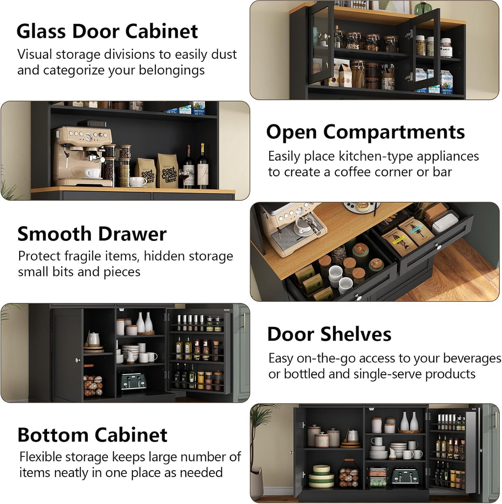 Tall Pantry Cabinet, Modern Kitchen Hutch with Microwave Stand, Kitchen Pantry Storage Cabinet with 2 Darwers & Door Shelf, Food Pantry with Glass Doors & Adjustable Shelves for Dining Room, Black