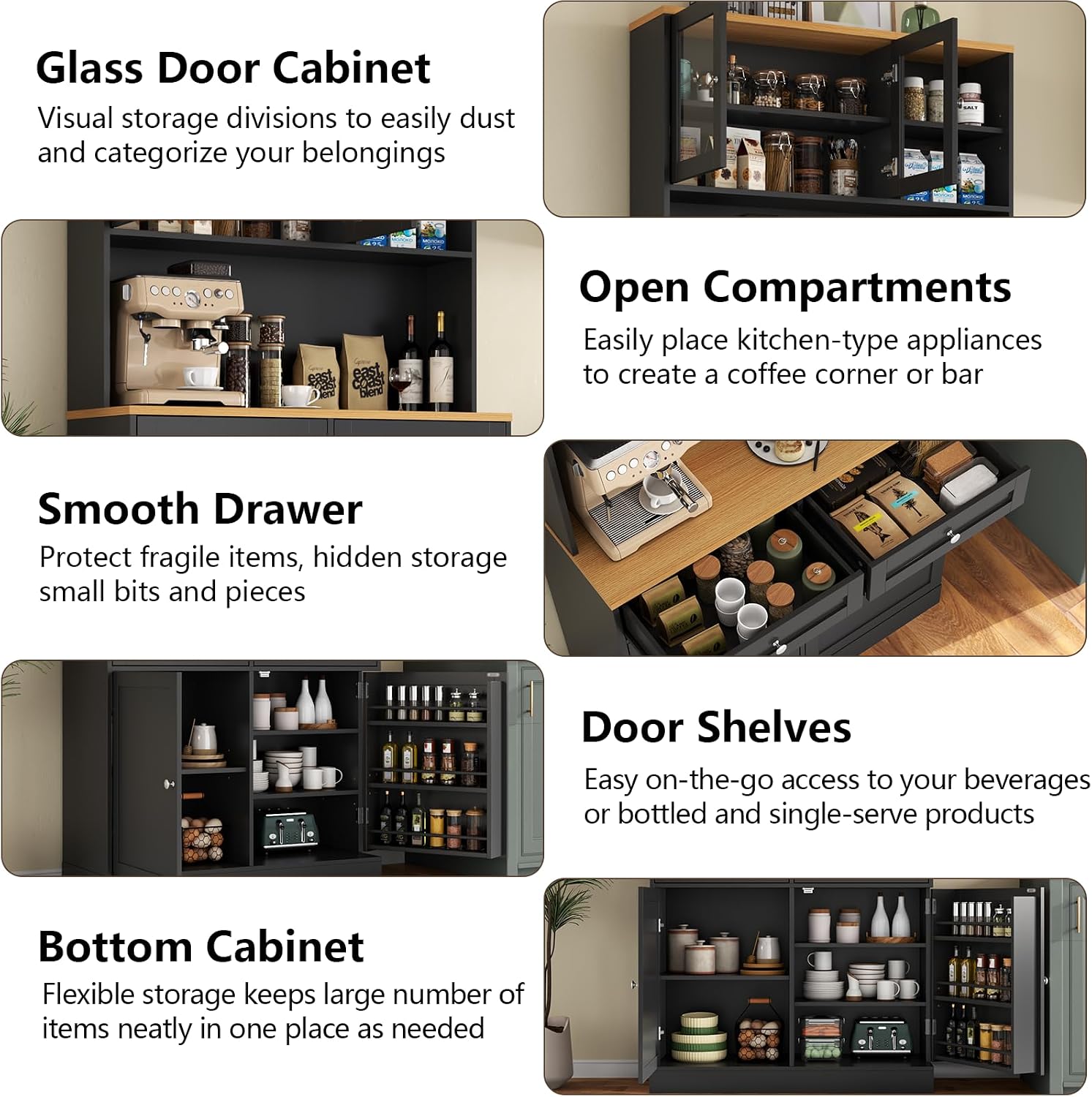 Tall Pantry Cabinet, Modern Kitchen Hutch with Microwave Stand, Kitchen Pantry Storage Cabinet with 2 Darwers & Door Shelf, Food Pantry with Glass Doors & Adjustable Shelves for Dining Room, Black