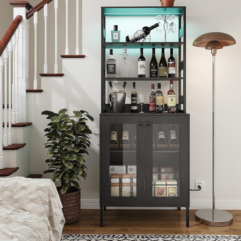 Towallmark 67 Inch Farmhouse Bakers Rack with Power Outlet & LED Lights, Kitchen Coffee Bar Cabinet Microwave Stand with Storage, Liquor Bar Cabinet with Adjustable Shelves and Hutch, Brown