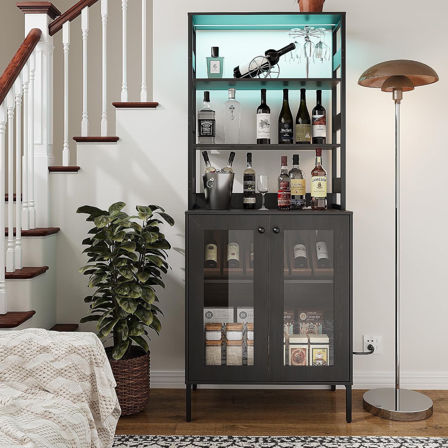 Towallmark 67 Inch Farmhouse Bakers Rack with Power Outlet & LED Lights, Kitchen Coffee Bar Cabinet Microwave Stand with Storage, Liquor Bar Cabinet with Adjustable Shelves and Hutch, Brown