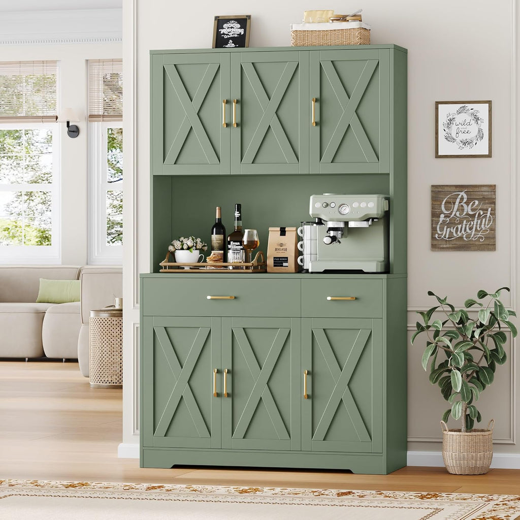 HOSTACK 71' Pantry Cabinet with Charging Station, Tall Kitchen Pantry Storage Cabinet with Microwave Stand, Farmhouse Kitchen Hutch with Storage Drawers for Living Room, Dining Room, Green