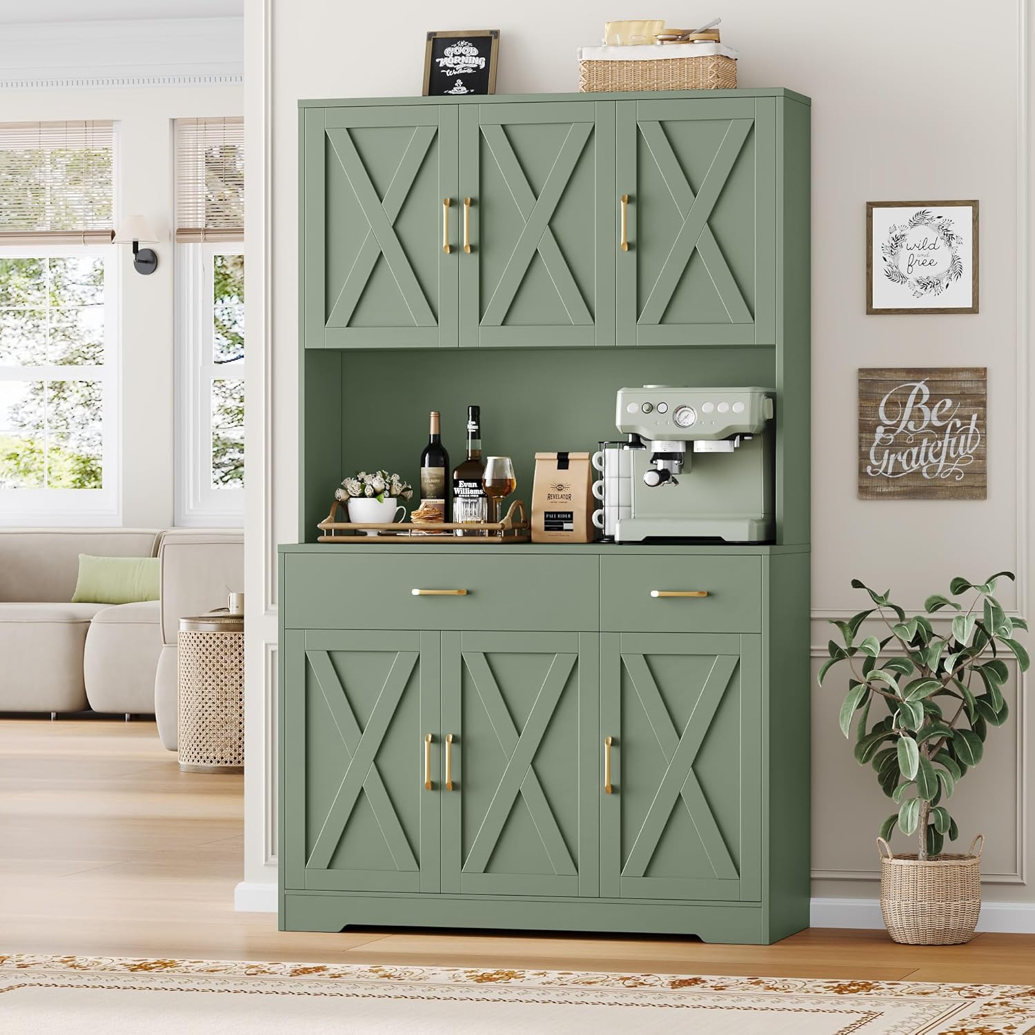 HOSTACK 71' Pantry Cabinet with Charging Station, Tall Kitchen Pantry Storage Cabinet with Microwave Stand, Farmhouse Kitchen Hutch with Storage Drawers for Living Room, Dining Room, Green