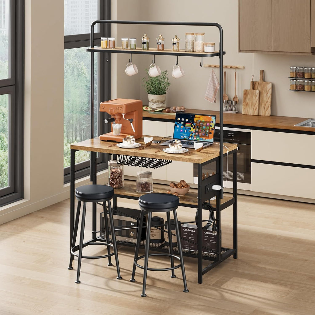 GAOMON 42' Kitchen Island Table Baker Rack with Power Outlet & 2 Bar Stools, Kitchen Storage Shelf with 3-Tier Storage & 5 Hooks, Microwave Stand Coffee Bar Table for Dining Living Room (Natural)