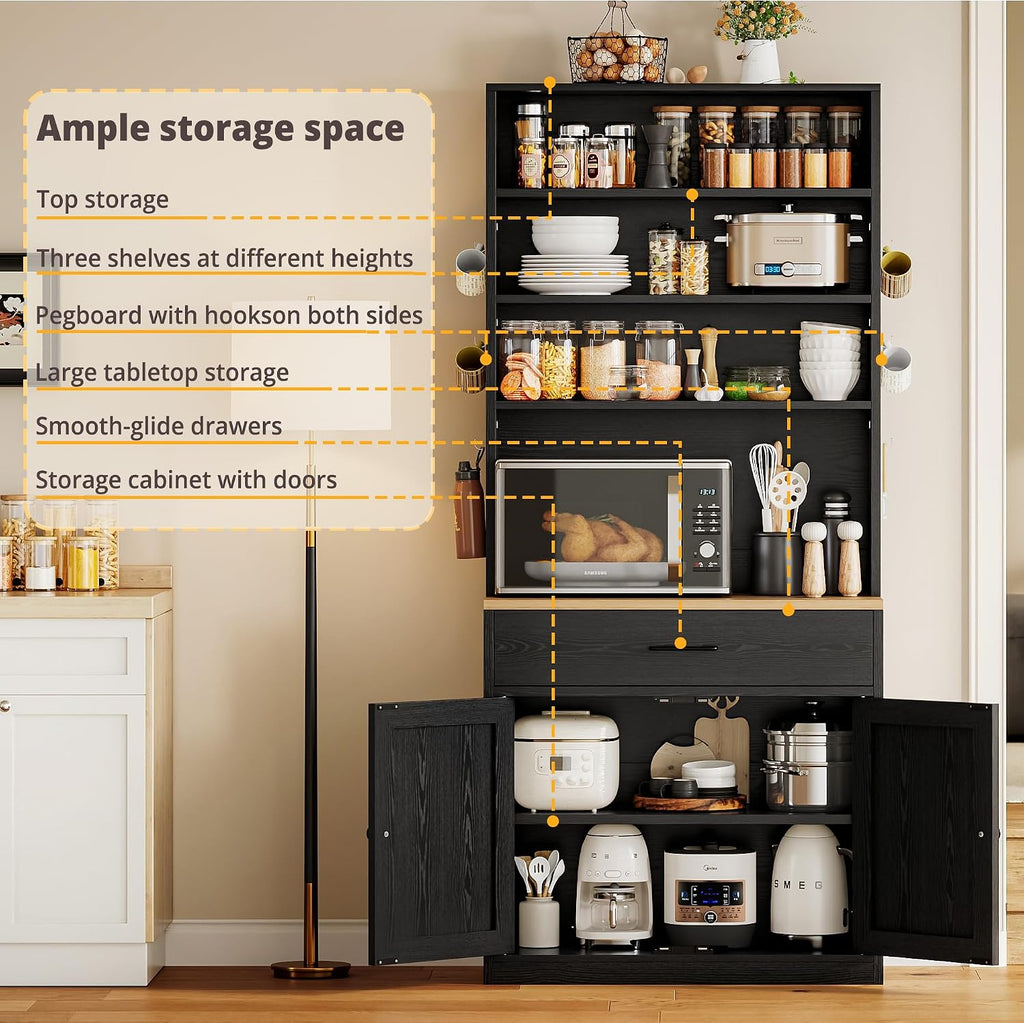 IRONCK Bakers Rack Microwave Stand with Customizable Pegboard and Storage, 71' Farmhouse Coffee Bar Cabinet with Drawer, Barn Doors, Adjustable Shelves for Kitchen, Dining Room, Living Room, Black