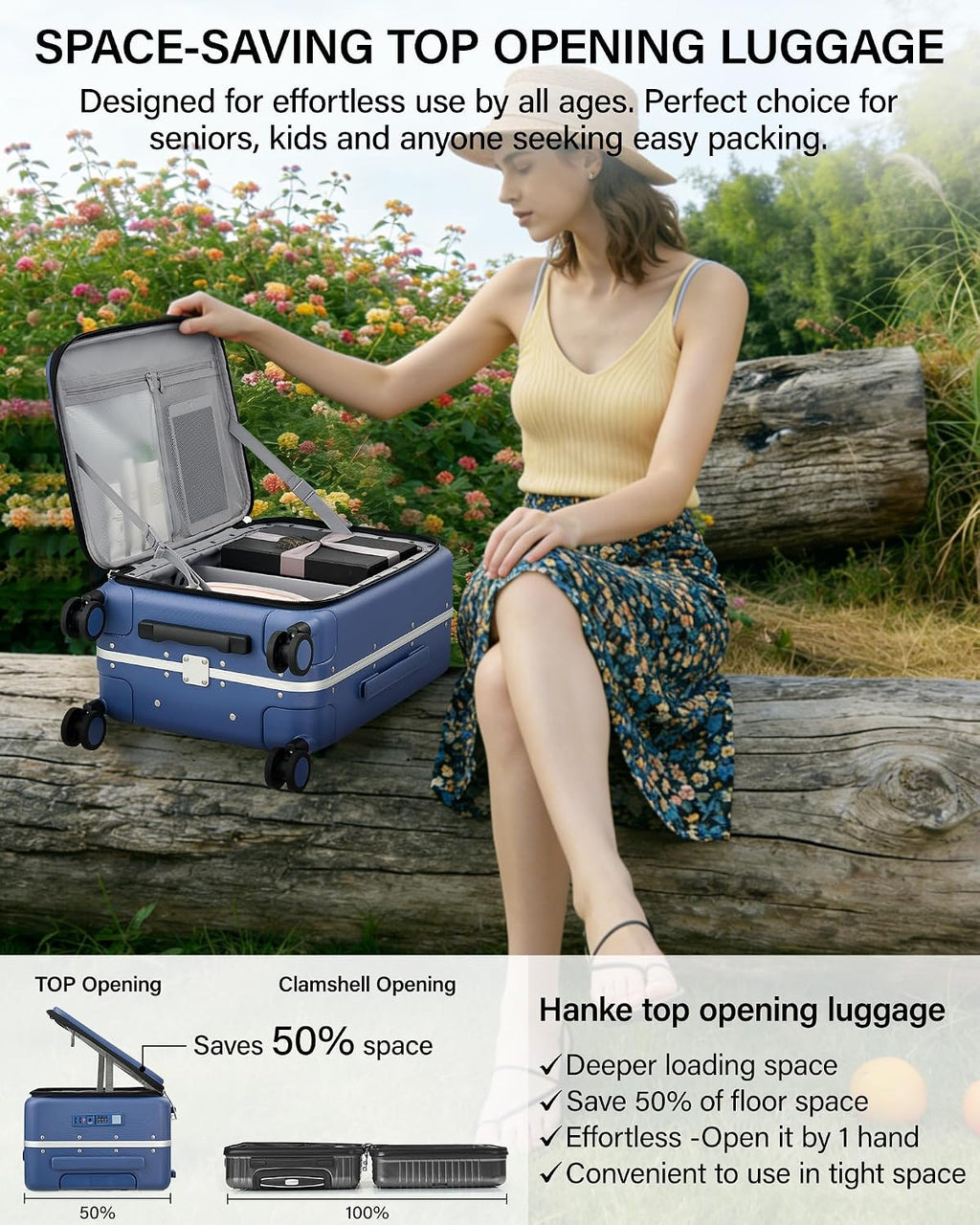 Hanke 28 Inch Top Opening Hard Shell Checked Luggage, PC Aluminum Frame Large Trunk Luggage with Cup Holder & USB Ports, TSA Lock, 8 Silent Spinner Wheels, Removable Divider, Interstellar Blue