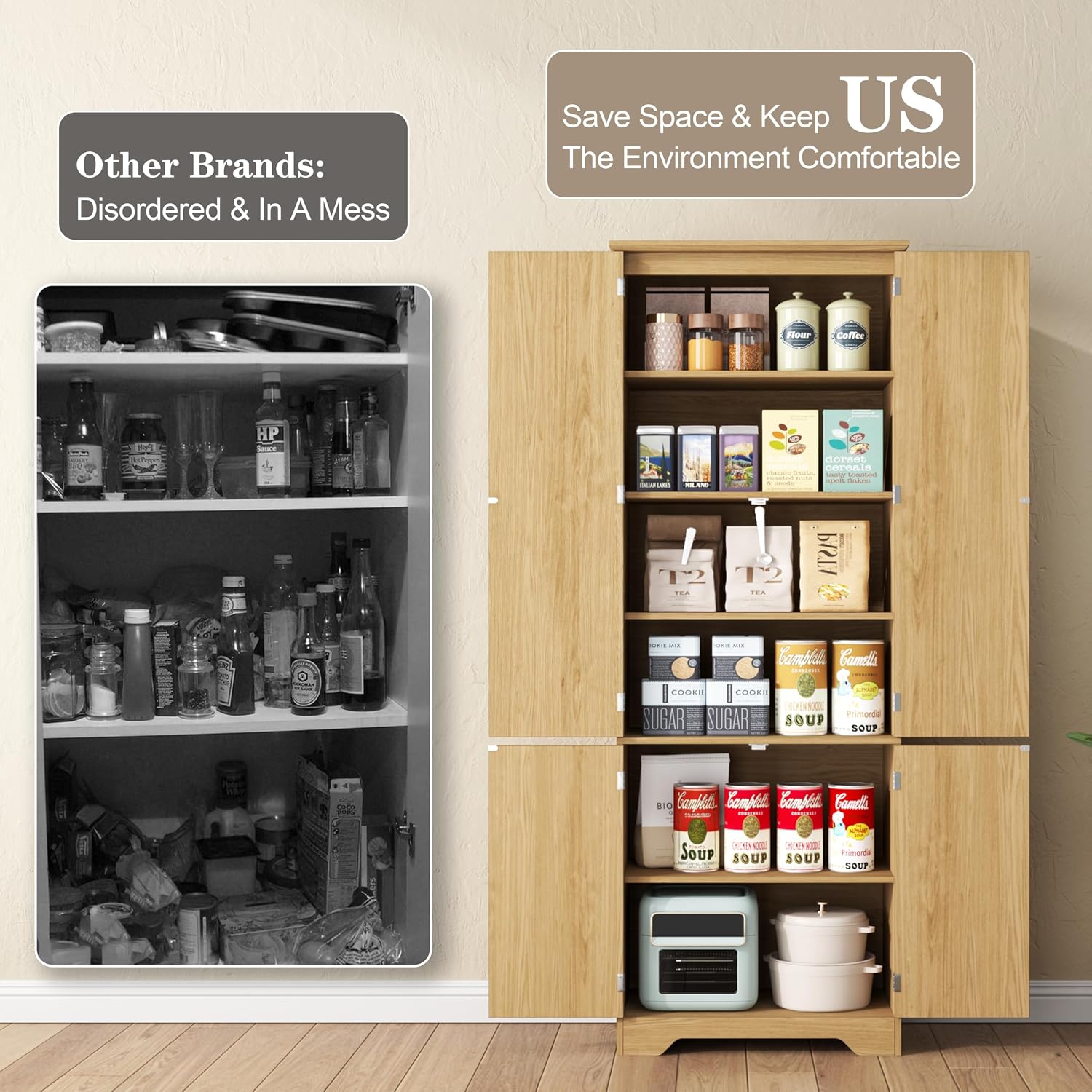 Yusong 72' Tall Fluted Kitchen Pantry Cabinet, Storage Cabinet with 6 Shelves, Cupboard for the Kitchen, Dining Room, Bedroom, Living Room, Office