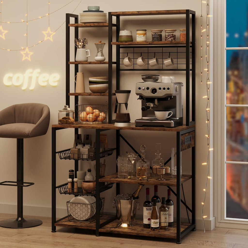 GAOMON 7-Tier Bakers Rack, Industrial Microwave Stand with 2 Metal Wire Baskets & Power Strip, Coffee Bar Organizer with Large Storage Shelves for Pots & Dishes, Kitchen Storage Rack, Brown