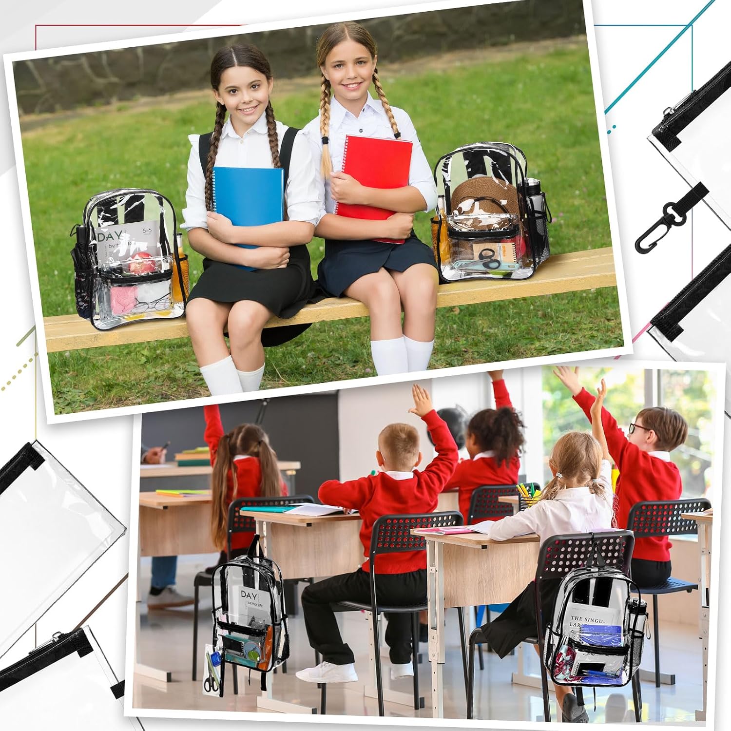 Cholemy 24 Set Clear Backpack with Pencil Case Bulk Heavy Duty PVC Transparent School Bag for Students Women Men Travel(Black)