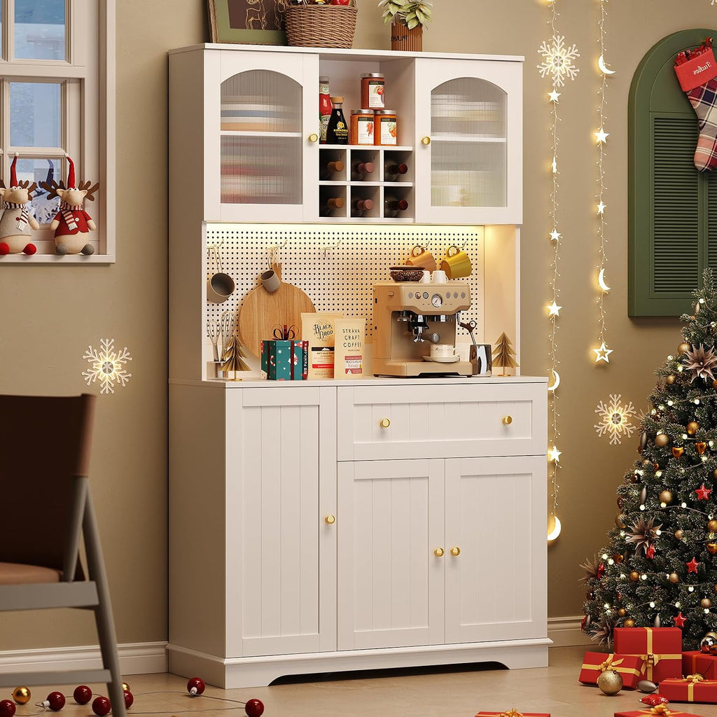 ONBRILL 71' Pantry Storage Cabinet with Microwave Shelf & Door Shelves, Kitchen Wood Pantry with Outlet & LED Light, Kitchen Hutch with DIY Pegboard & 6 Hook, Modern Cabinet with Drawer & Wine Rack