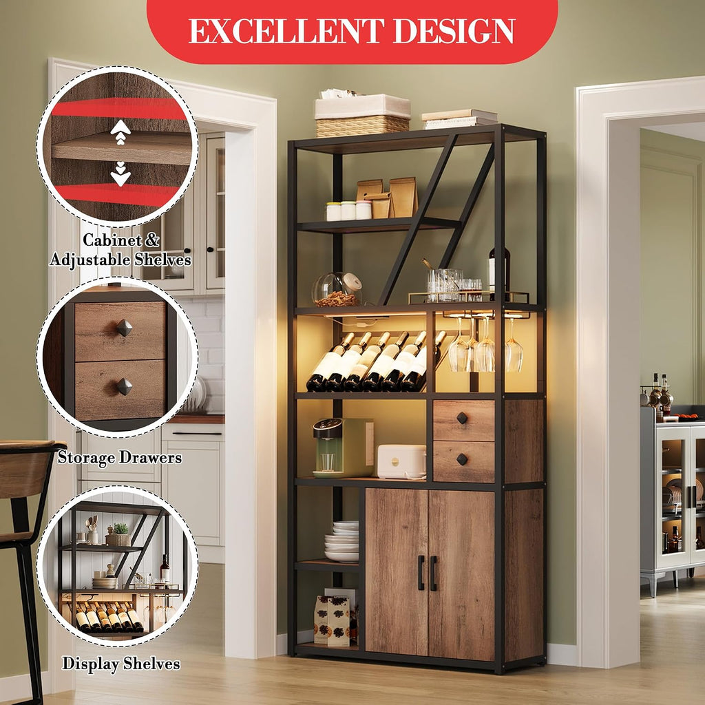 Wine Bar Cabinet with LED Lights, Tall Coffee Bar Station with Power Outlets, Wine Rack, Kitchen Microwave Stand Bakers Rack Cabinet for Living Room - Power Outlets Convenience
