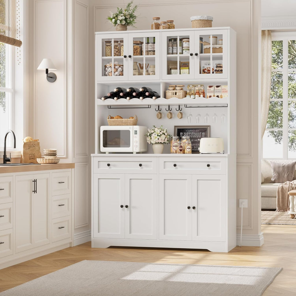 HOSTACK 75.4' Tall Kitchen Pantry Cabinet with Charging Station, Modern White Kitchen Hutch with Microwave Stand and Wine Racks, Large Food Pantry Storage Cabinet with Glass Doors and Drawers, White