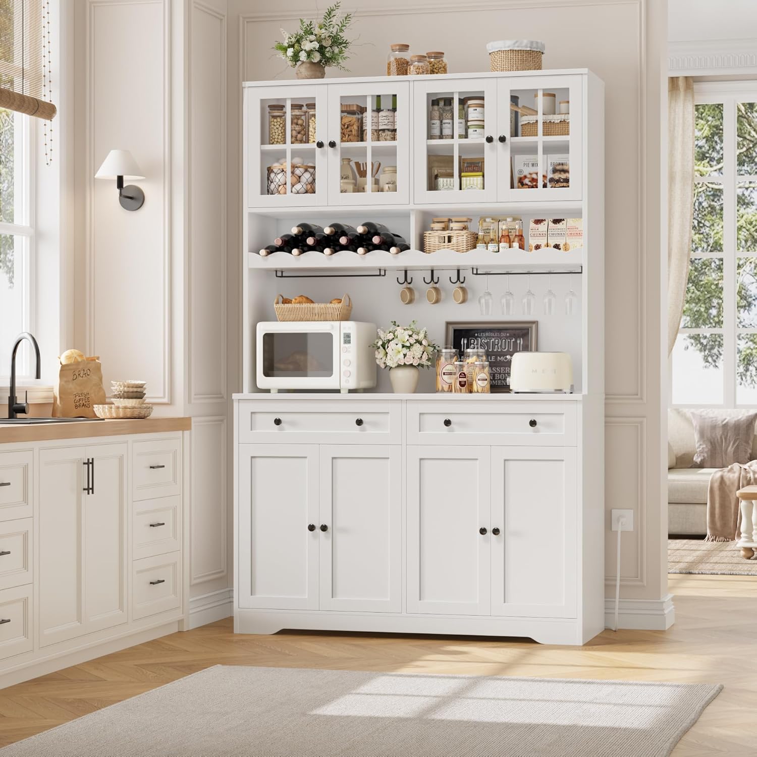 HOSTACK 75.4' Tall Kitchen Pantry Cabinet with Charging Station, Modern White Kitchen Hutch with Microwave Stand and Wine Racks, Large Food Pantry Storage Cabinet with Glass Doors and Drawers, White