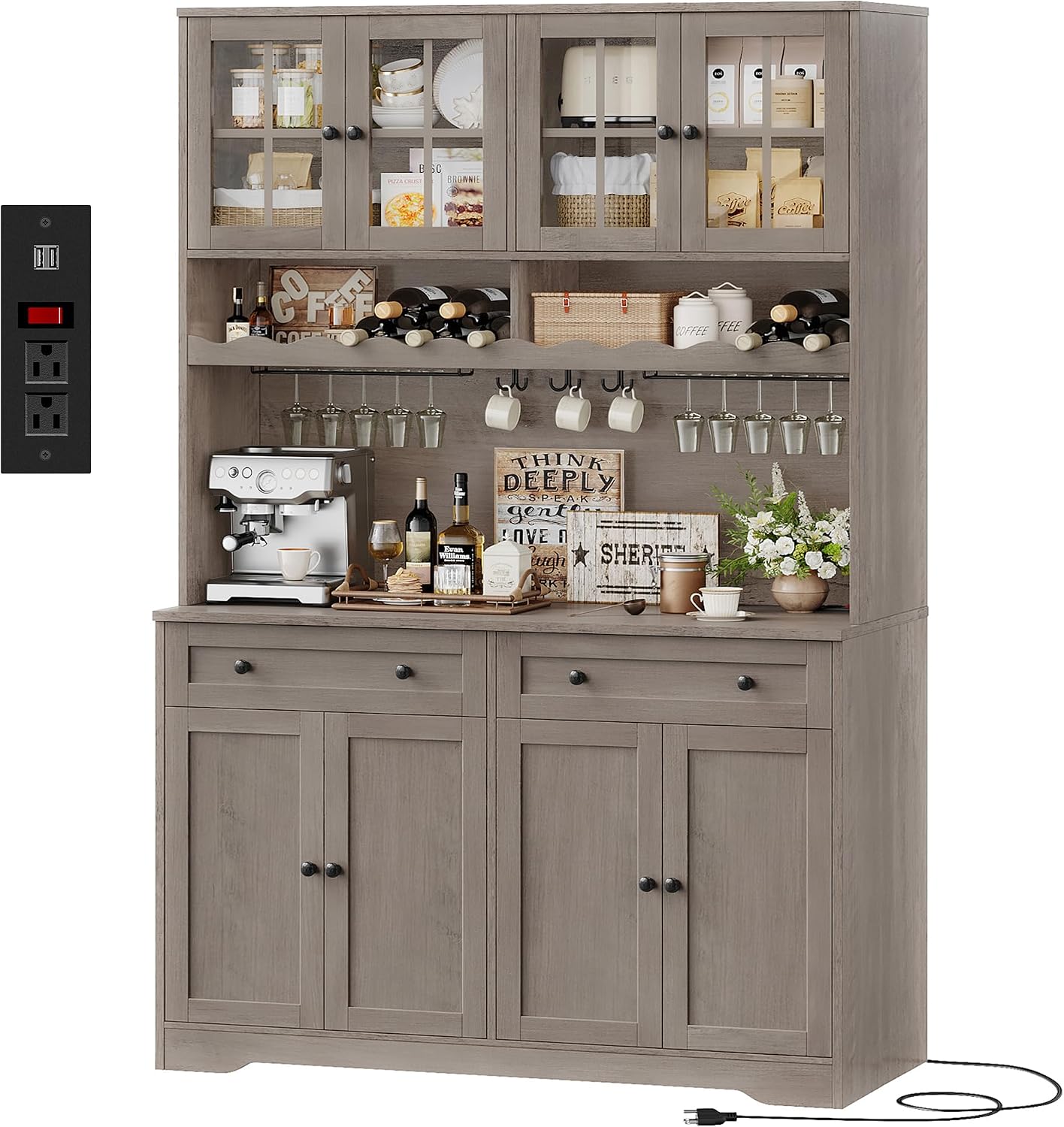 HOSTACK 75.4' Tall Kitchen Pantry Cabinet with Charging Station, Modern White Kitchen Hutch with Microwave Stand and Wine Rack, Large Food Pantry Storage Cabinet with Glass Doors and Drawers, Ash Gray
