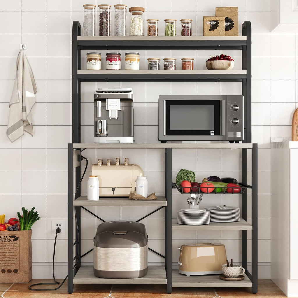 Bakers Rack with Power Outlet, 5-Tier Microwave Stand with Wire Basket, Coffee Bar Station, Kitchen Open Storage Shelves for Spices, Dishes, Gray