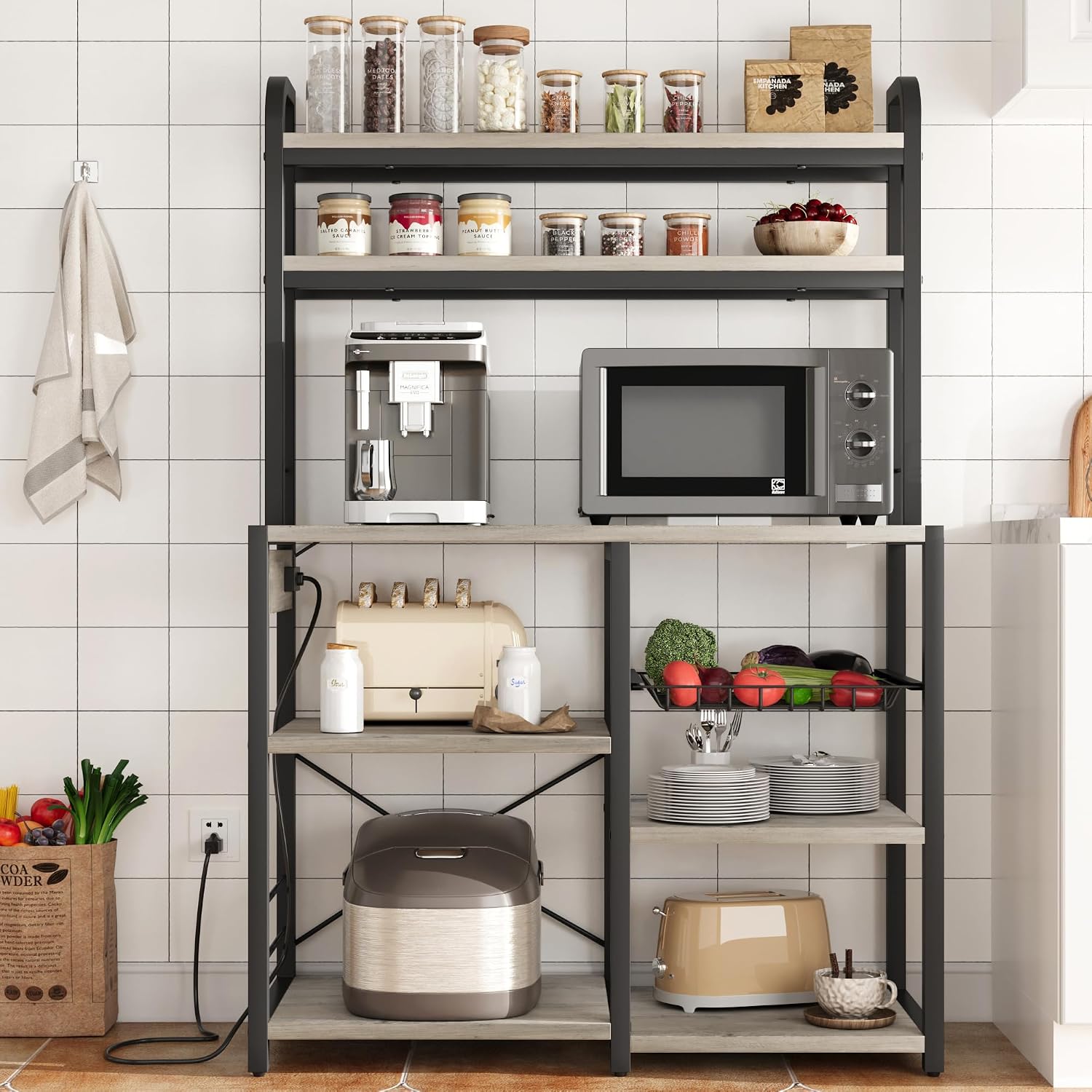 Bakers Rack with Power Outlet, 5-Tier Microwave Stand with Wire Basket, Coffee Bar Station, Kitchen Open Storage Shelves for Spices, Dishes, Gray