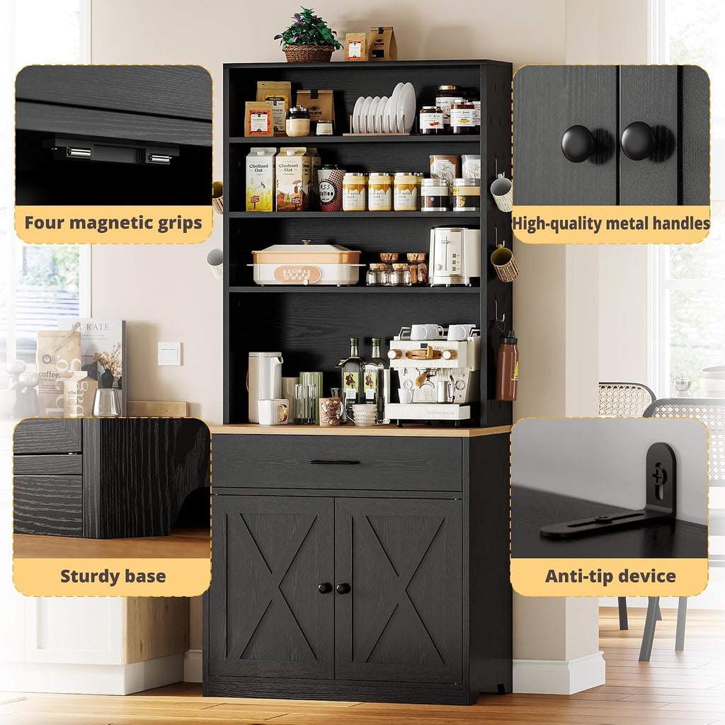 IRONCK Bakers Rack Microwave Stand with Customizable Pegboard and Storage, 71' Farmhouse Coffee Bar Cabinet with Drawer, Barn Doors, Adjustable Shelves for Kitchen, Dining Room, Living Room, Black