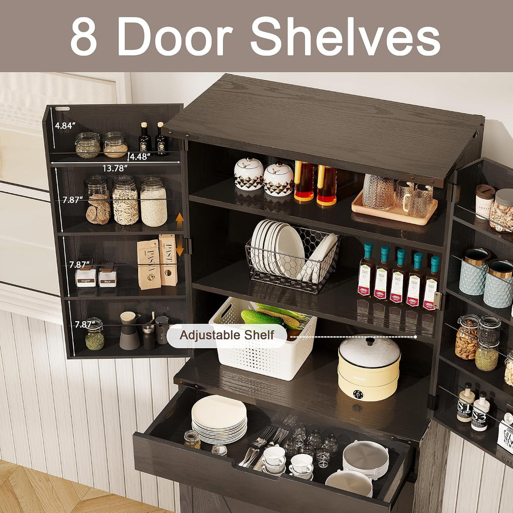 GRUSIGN 72' Kitchen Pantry Storage Cabinet with Doors and Shelves, Wood Farmhouse Pantry Storage with Barn Doors for Kitchen, Dining Room, Living Room, Dark Brown