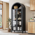 GarveeHome Arched Kitchen Pantry Cabinet - Farmhouse 5 Tier Display Shelf with Adjustable Shelf and 2 Large Glass Doors, Versatile Storage Cupboard for Kitchen, Dining Room, Living Room, Black