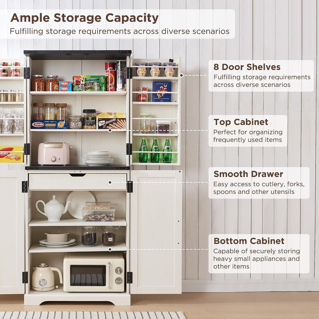 ACCOHOHO 72' Tall Kitchen Pantry, Farmhouse Storage Cabinet with Barn Doors, Organizer, Drawer and Adjustable Shelves, Rustic Wood Cupboard for Kitchen, Dining Room, Bathroom, Off White | Barn Doors