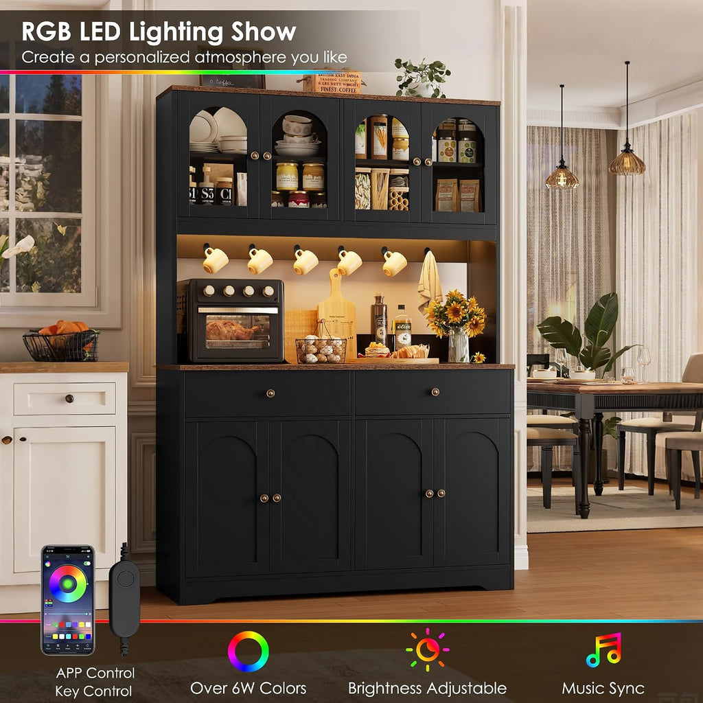HIFIT 71' LED Kitchen Pantry Cabinet with Power Outlet, Large Kitchen Hutch Cabinet with 2 Storage Drawers & Arched Door, Countertop & Hooks, Tall China Bar for Dining Living Room (Black)