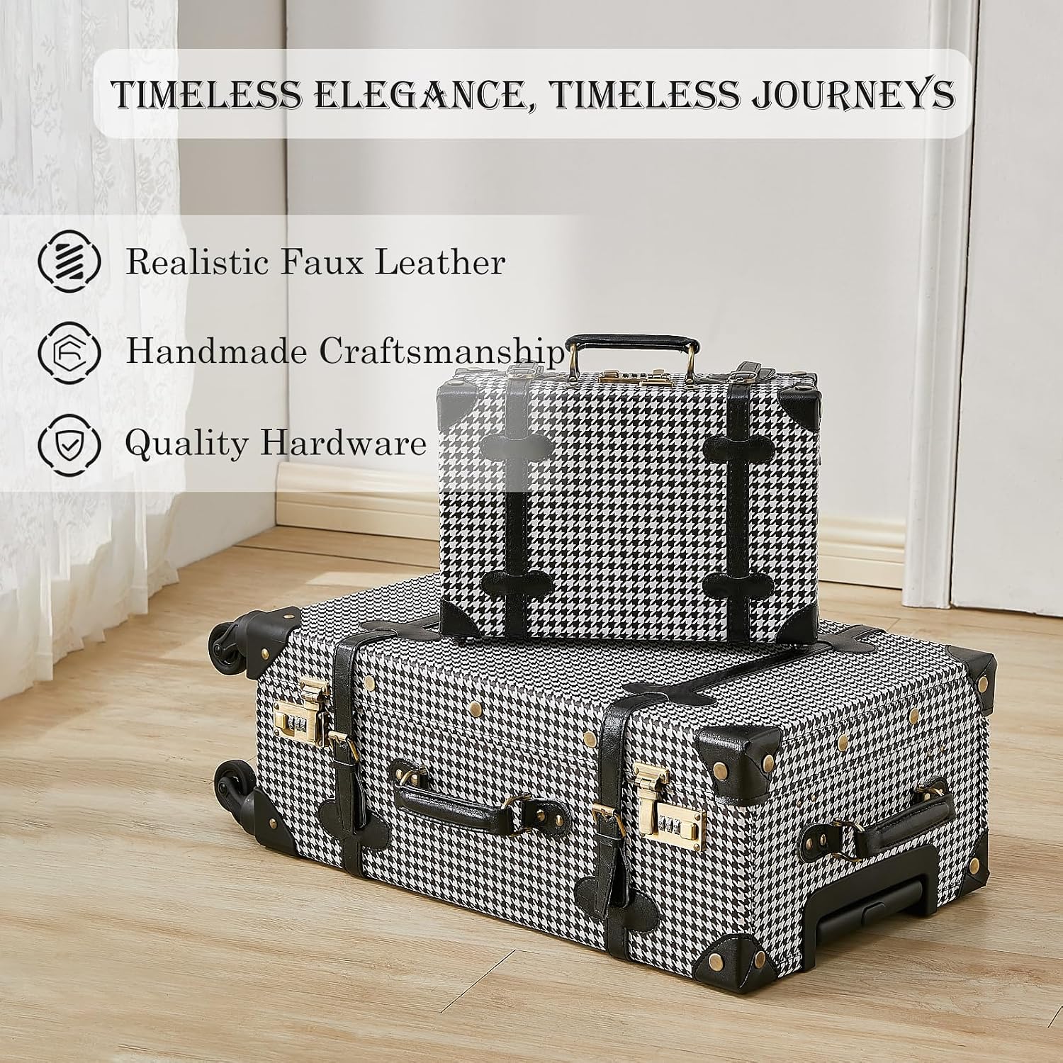 UNIWALKER Vintage Carry on Luggage Set, 2 Piece Retro Spinner Trunk Suitcase with Cosmetic Train Case for Women (20'+12', grid)
