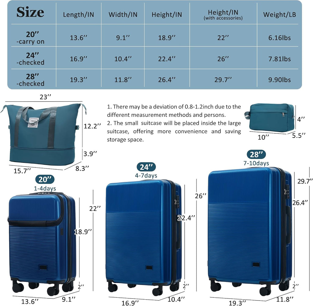 Merax Luggage Sets 5 Piece with Half-opening, Hardside 20' Carry On Suitcase Set with USB Port,Lightweight Travel 24' 28' Luggage with Bags TSA Locks Double Spinner Wheels,Blue