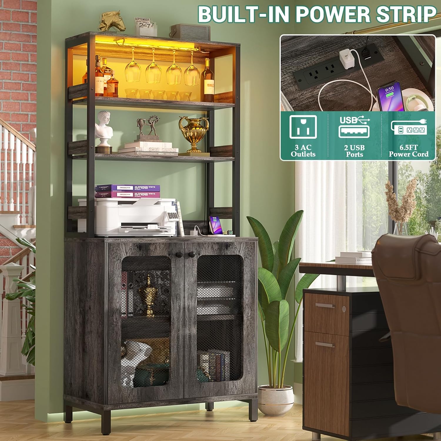 Aheaplus Bar Cabinet with Power Outlets, 26.9' Wine Bar Cabinet Liquor Cabinet with LED Lights and Glass Holder, Coffee Bar Station Microwave Stand, Black Oak