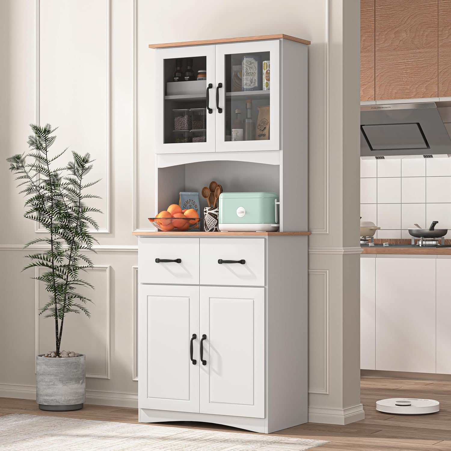 Kitchen Pantry Cabinet, 67' H Wooden Microwave Cabinet with Storage, Display Sideboard with Glass Door and Drawer, Modern Kitchen Storage Rack for Home, Office,Pantry