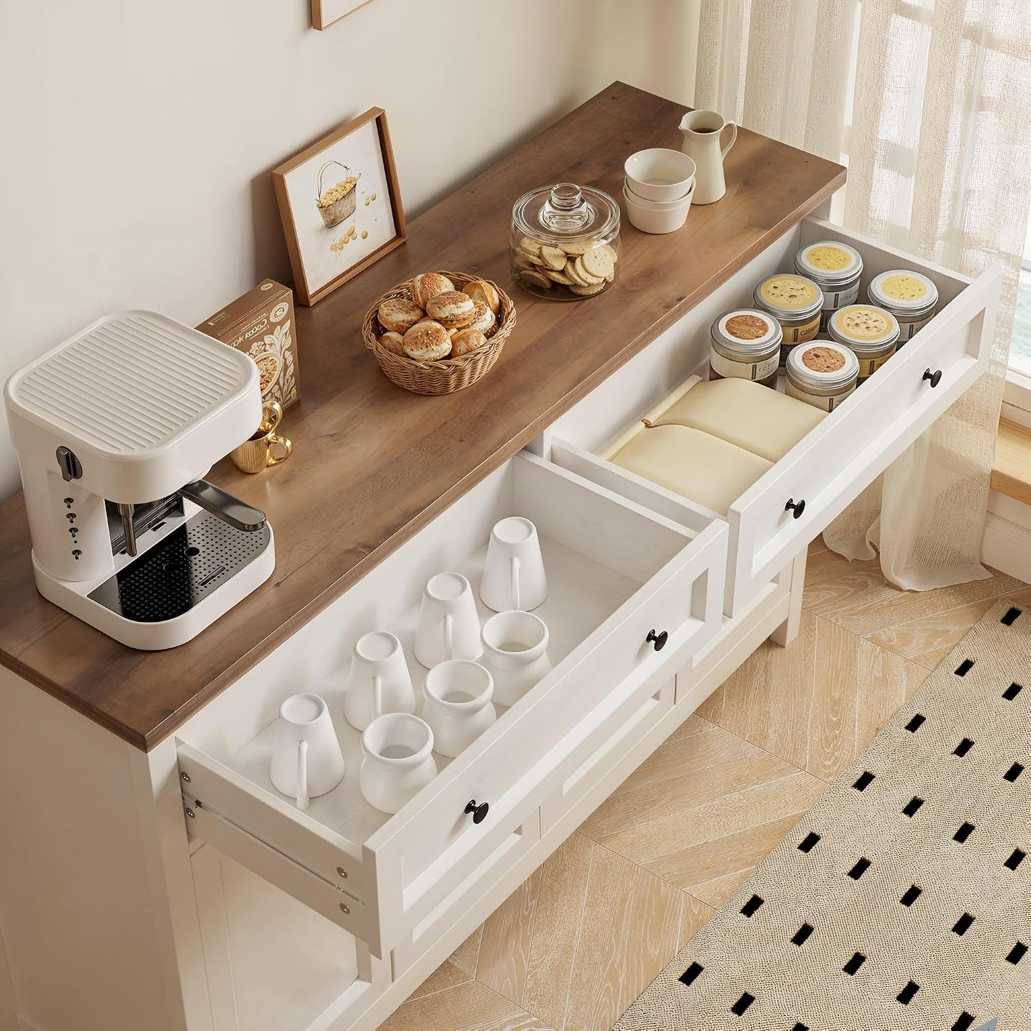 Gizoon Farmhouse Kitchen Sideboard Buffet Cabinet with Storage, Wood Coffee Bar and Storage Sideboard with Drawers and Doors for Kitchen, Dining Room, 15.7' D x 55.1' W x 35.3' H, White/Rustic Brown