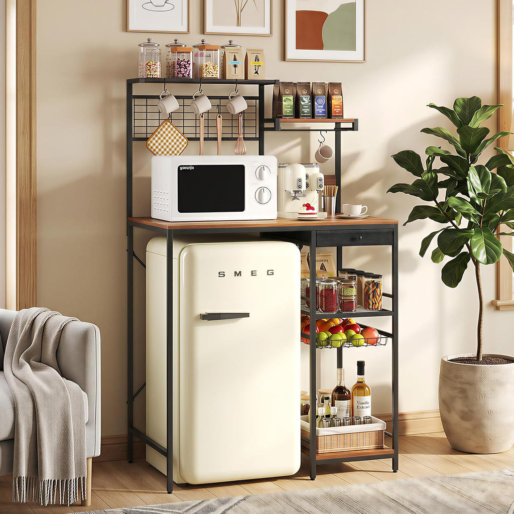 Kitchen Storage Bakers Rack with Power Outlet – Coffee Bar Station with S-Shaped Hooks & Drawer, Adjustable Feet Microwave Stand for Microwave, Mini Fridge, Coffee Maker, Brown