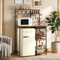 Kitchen Storage Bakers Rack with Power Outlet – Coffee Bar Station with S-Shaped Hooks & Drawer, Adjustable Feet Microwave Stand for Microwave, Mini Fridge, Coffee Maker, Brown