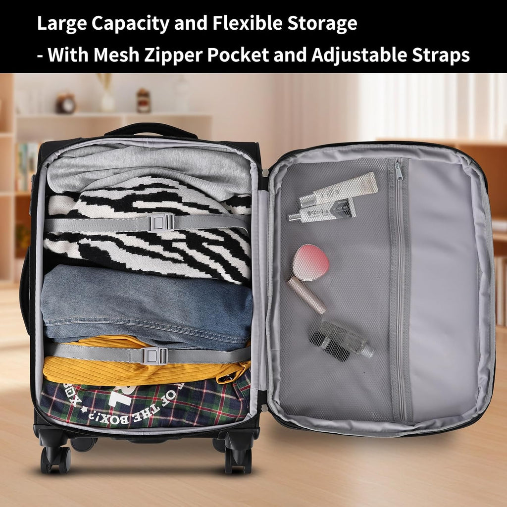 WireHot 3-Piece Softside Expandable Luggage Set with Front Open Pocket, Lightweight and Durable Oxford Fabric Suitcase Set with TSA Lock (Black, 20in/24in/28in)