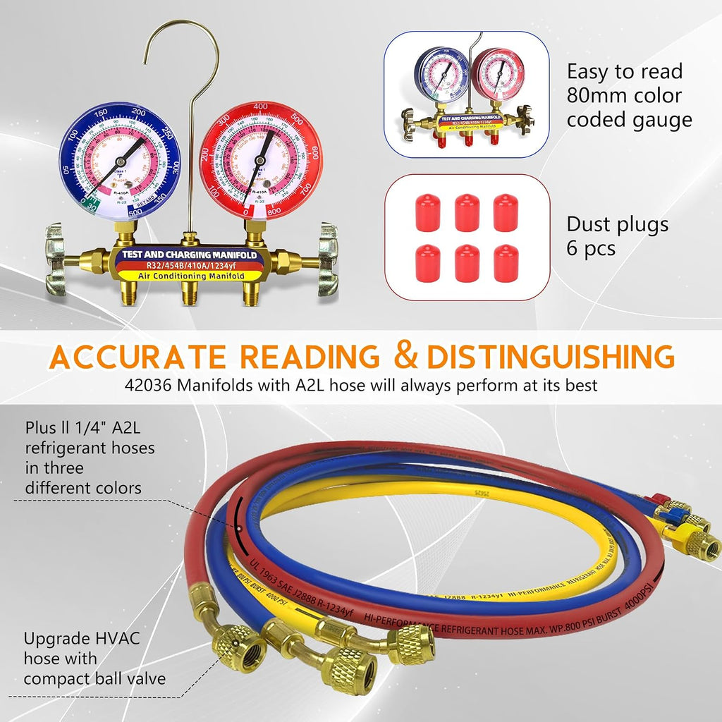 Upgrade 42036 Test & Charging Manifold with 3-1/8'(80 mm) Gauges, A2L Compatible, 2-Valve, 60' Refrigerant Hose, Color-Coded Scales, HVAC Manifold for R32/454B/410A/1234yf,Y/R/B Hoses