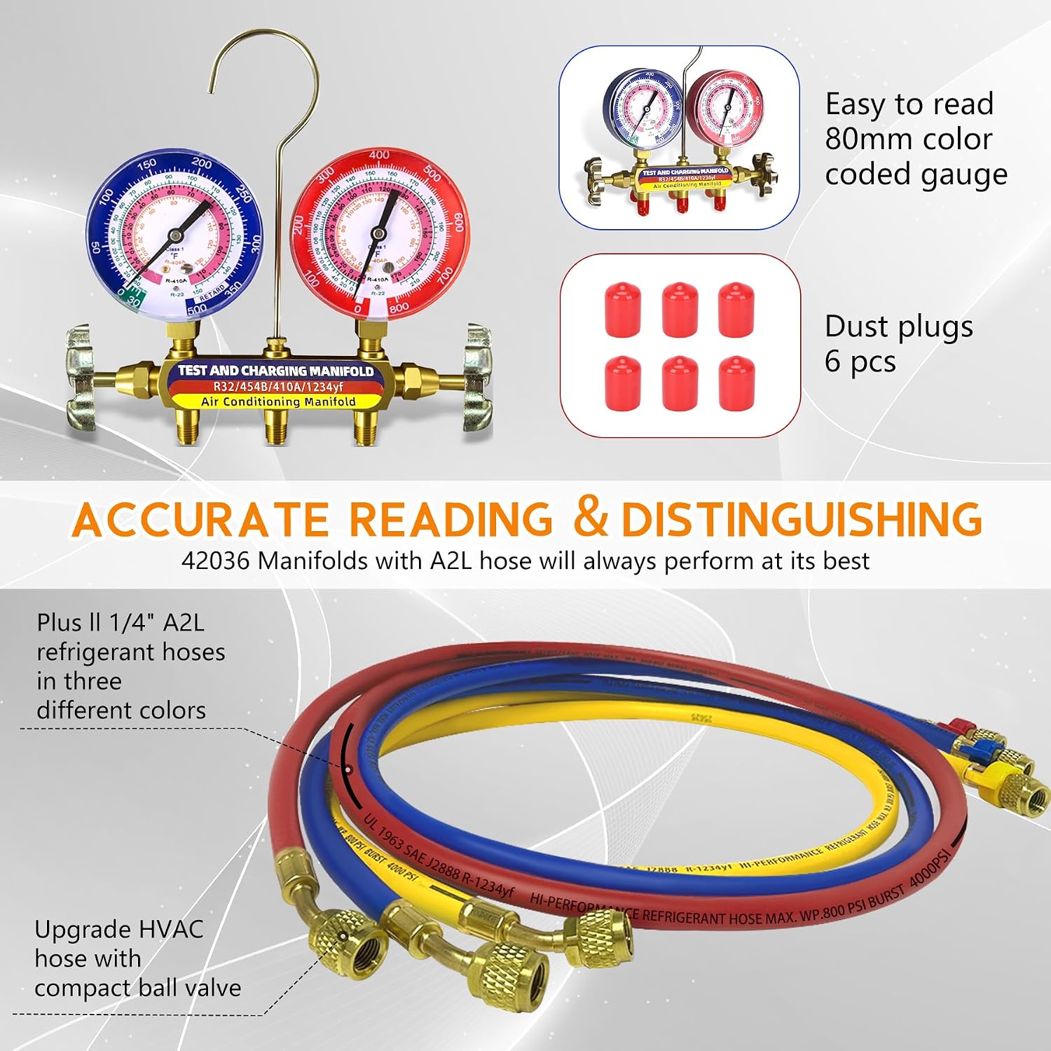 Upgrade 42036 Test & Charging Manifold with 3-1/8'(80 mm) Gauges, A2L Compatible, 2-Valve, 60' Refrigerant Hose, Color-Coded Scales, HVAC Manifold for R32/454B/410A/1234yf,Y/R/B Hoses