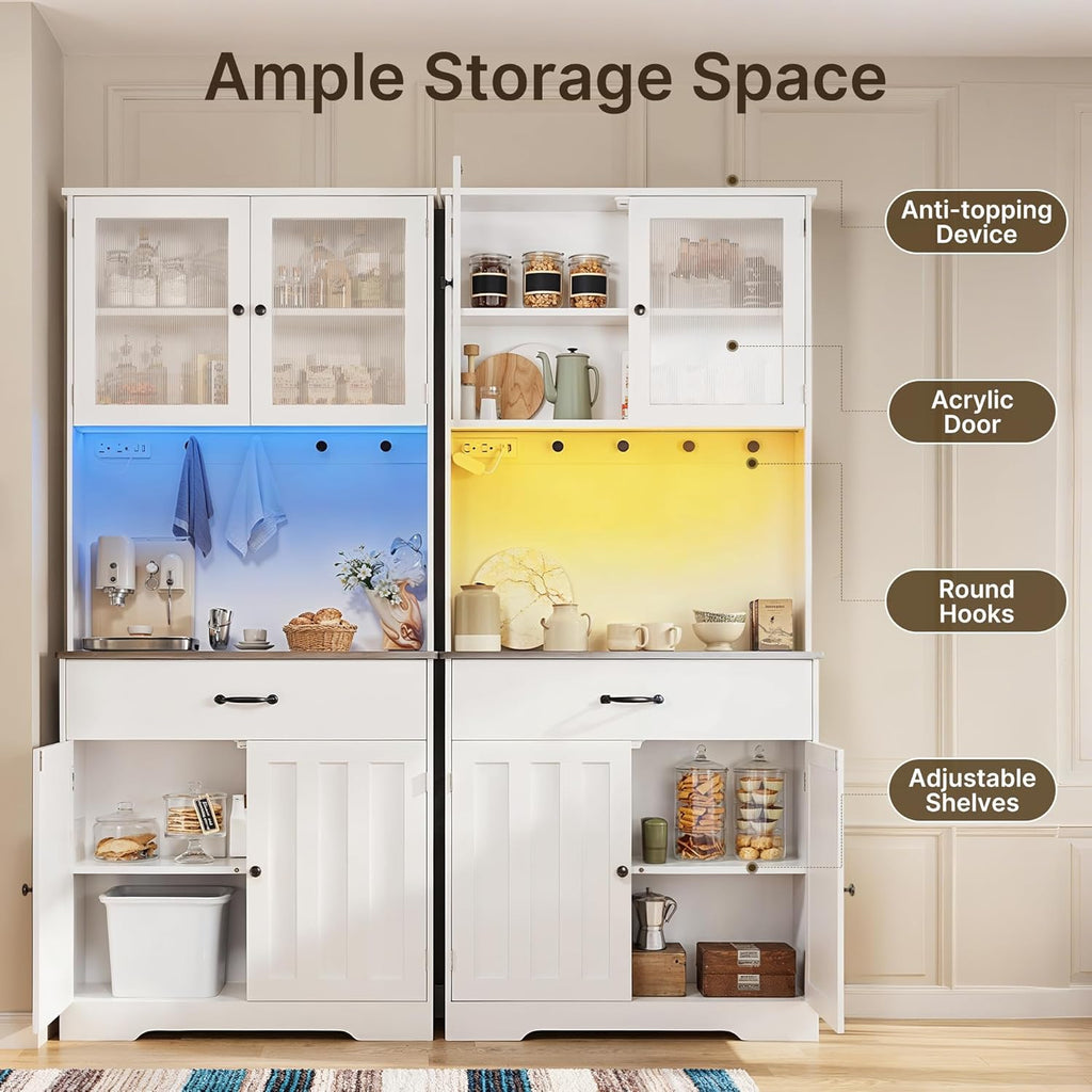 Gizoon 71' H Pantry Cabinet with LED Lights, Tall Farmhouse Kitchen Storage Cabinet with Charging Station, Modern Coffee Bar with Doors and Drawers, for Dining Room, Tabletop-Grey